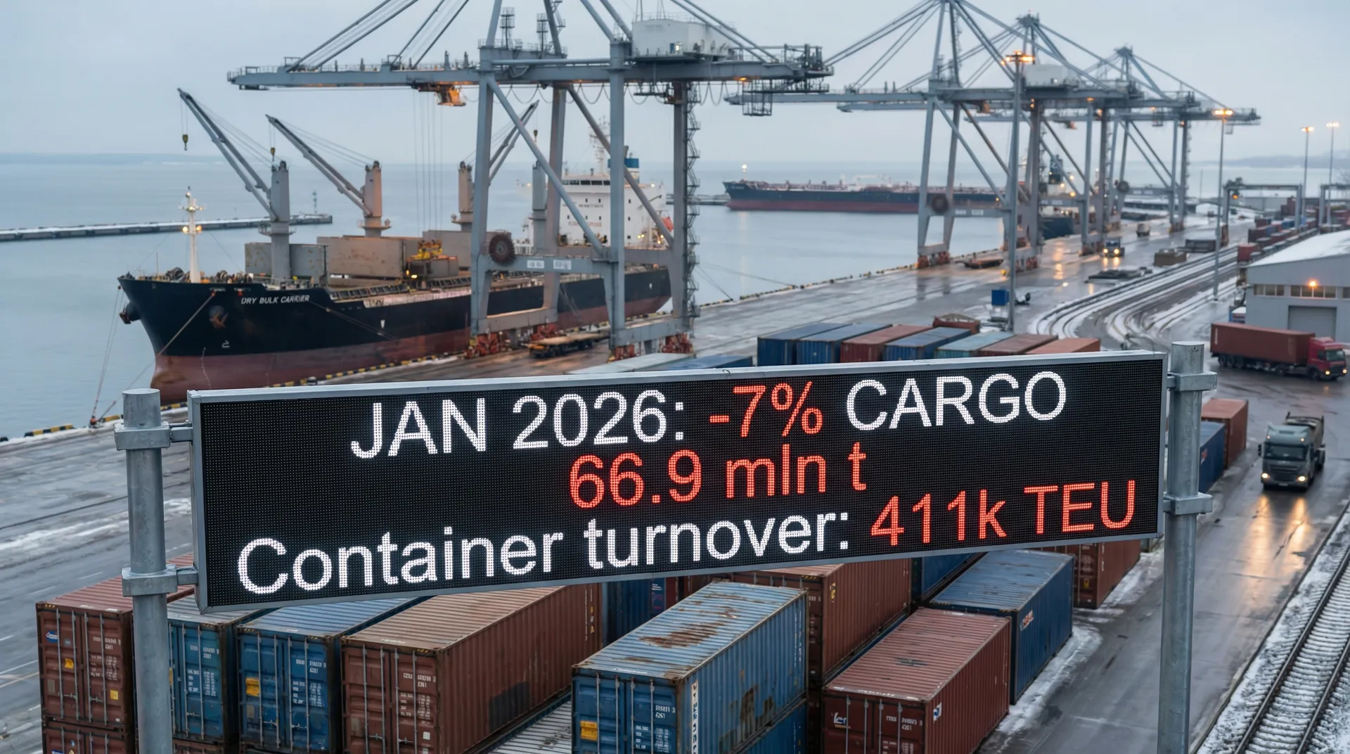 Порты РФ в январе просели: -7% по тоннам и -14% по контейнерам